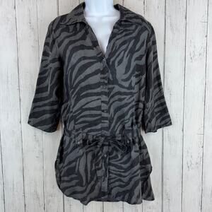120% Lino Black Gray Zebra Linen Tie Waist 3/4 Sleeve Tunic Top Size 44 Medium